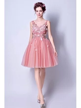 Super Cute Pink Tulle Prom Party Dress Short With Flowers