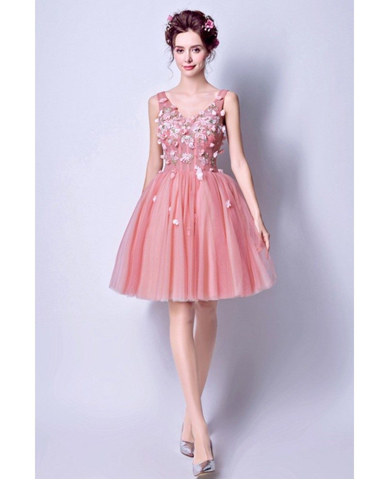 Super Cute Pink Tulle Prom Party Dress Short With Flowers Agp18722