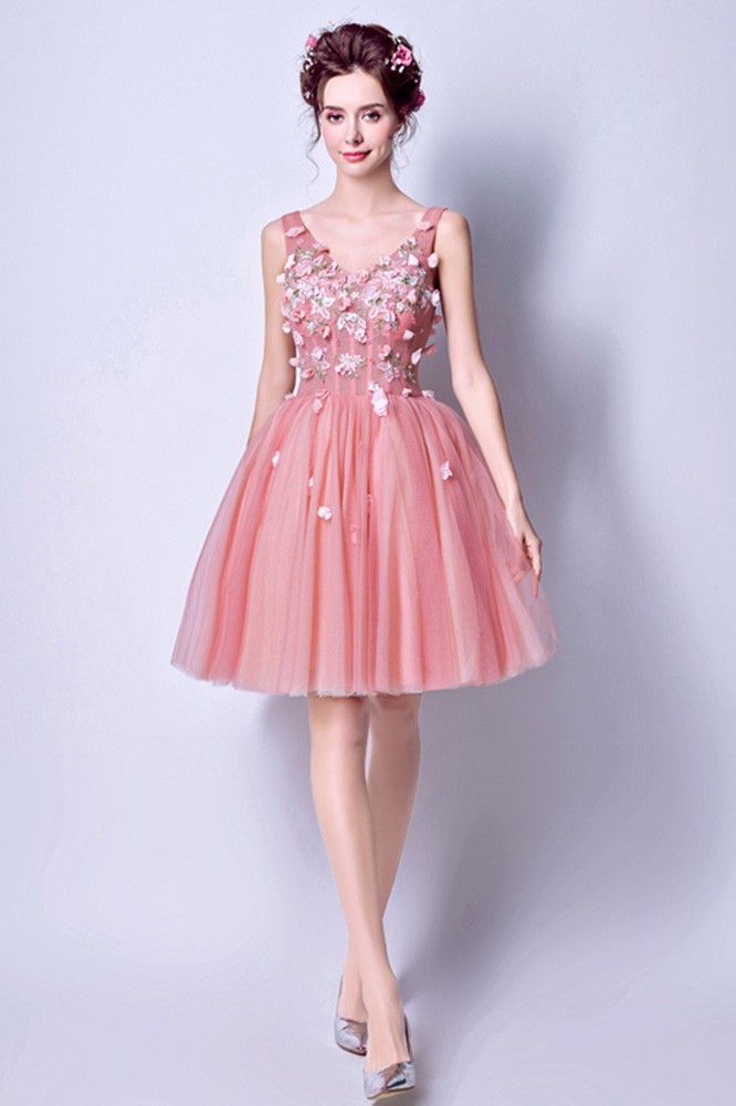 Super Cute Pink Tulle Prom Party Dress Short With Flowers #AGP18722 ...
