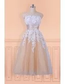 Champagne with White Lace Tea Length Wedding Party Dress Strapless