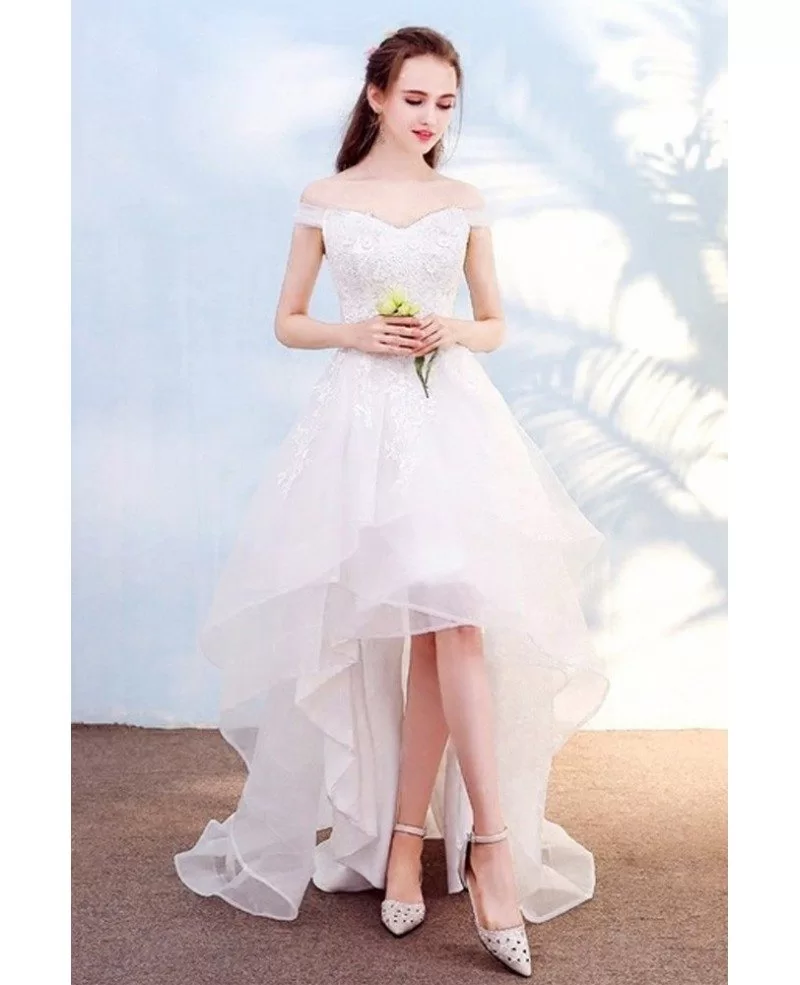 Pretty Lace High Low Beach Wedding Dress With Off Shoulder Outdoor Weddings E9869 GemGrace