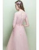 Cute Pink Lace Half Sleeve Tulle Wedding Party Dress Knee Length