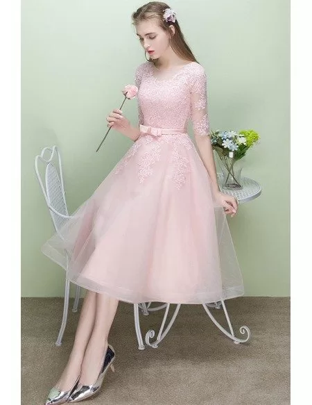 Cute Pink Lace Half Sleeve Tulle Wedding Party Dress Knee Length