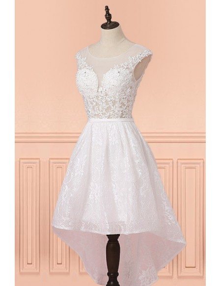 Pretty White Lace Sheer Neckling High Low Short Wedding Dress Country Weddings