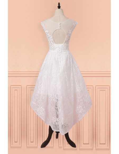 Pretty White Lace Sheer Neckling High Low Short Wedding Dress Country ...