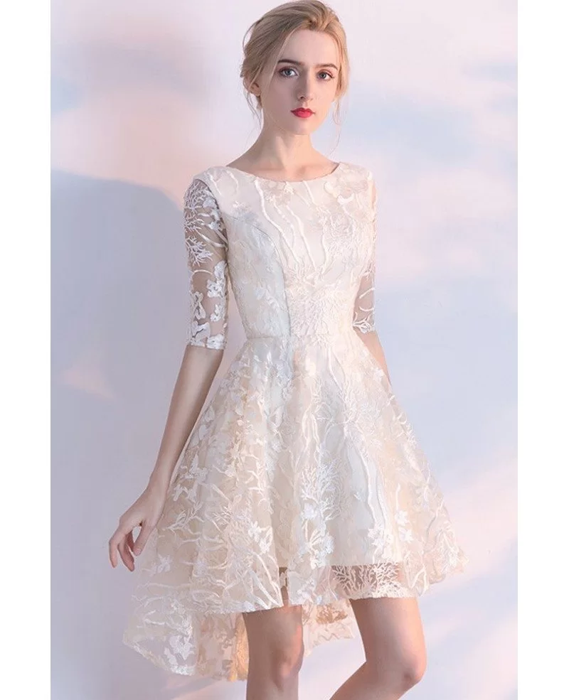 Unique Lace Light Champagne High Low Short Party Dress with Half ...