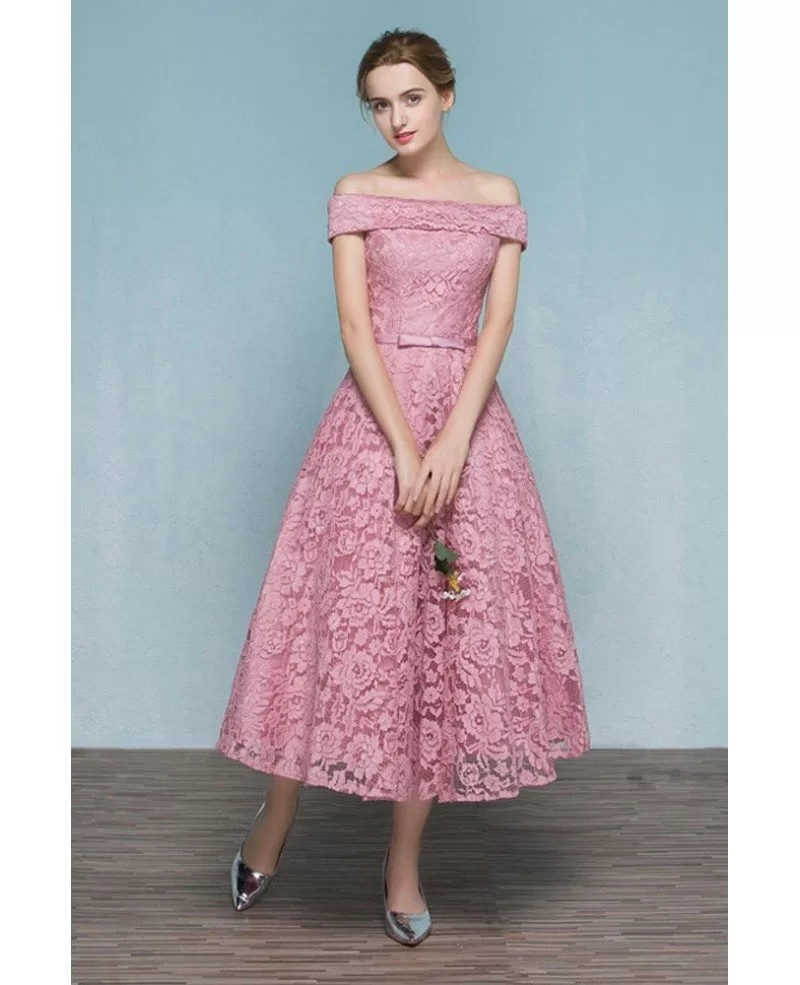 Pink Lace Tea Length Off Shoulder Wedding Party Dress Reception Parties E9857 