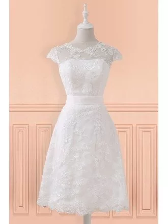 Modest Lace Cap Sleeve Lace Short Wedding Dress For Mature Brides Reception Party