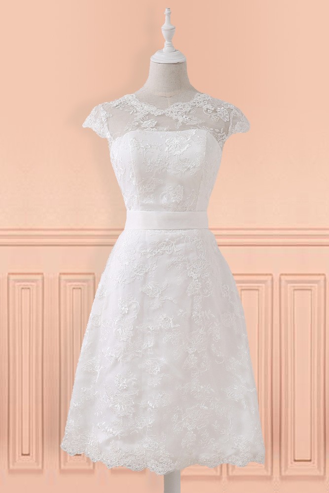 Modest Lace Cap Sleeve Lace Short Wedding Dress For Mature Brides ...