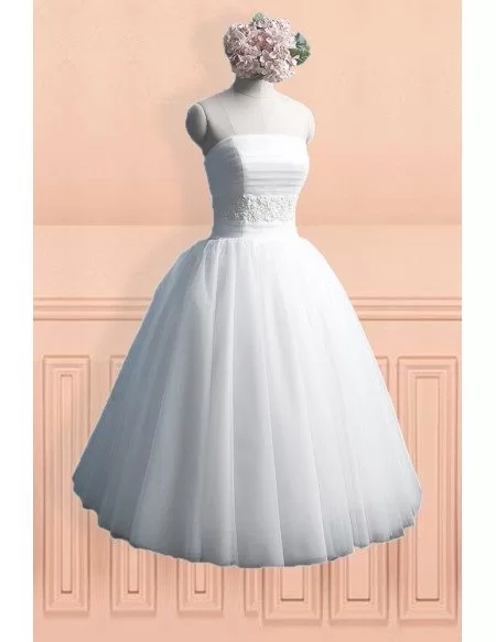 Simple Chic Strapless Ballgown Tulle Tea Length Wedding Dress with Lace Up