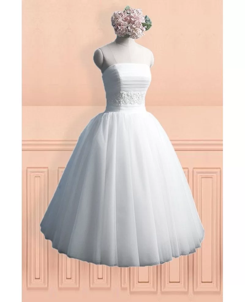 Simple Chic Strapless Ballgown Tulle Tea Length Wedding Dress with Lace ...