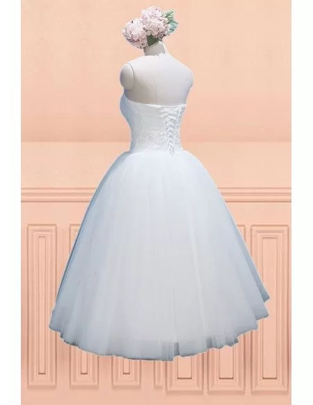 Simple Chic Strapless Ballgown Tulle Tea Length Wedding Dress with Lace Up