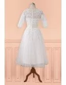 Modest Lace Half Sleeve Tea Length Tulle Wedding Dress with Sash