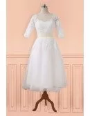 Modest Lace Half Sleeve Tea Length Tulle Wedding Dress with Sash