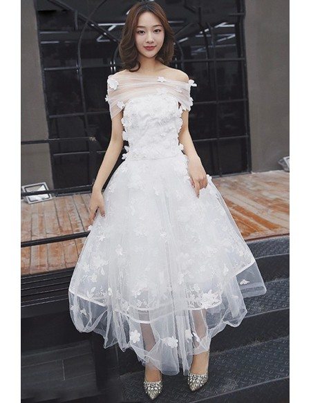 Gorgeous Off Shoulder Tulle Tea Length Wedding Dress with Flowers