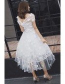 Gorgeous Off Shoulder Tulle Tea Length Wedding Dress with Flowers