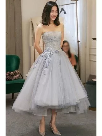 High Low Grey Tulle Strapless Wedding Party Dress Tea Length with Petals