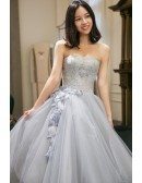 High Low Grey Tulle Strapless Wedding Party Dress Tea Length with Petals