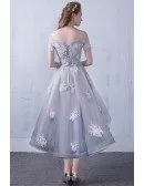 Grey Lace Off Shoulder Sleeves High Low Party Dress Wedding Reception Dress