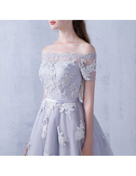 Grey Lace Off Shoulder Sleeves High Low Party Dress Wedding Reception Dress