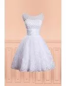 Vintage Chic Beaded Pearls Fun Short Wedding Dress with Beading Round Neck