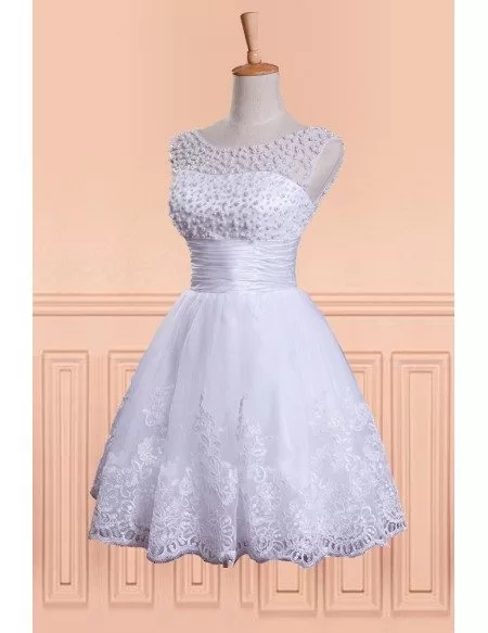 Vintage Chic Beaded Pearls Fun Short Wedding Dress with Beading Round Neck