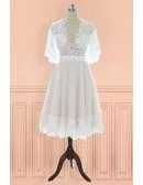 Unique Vintage V-neck Lace Knee Length Wedding Dress with Sleeves