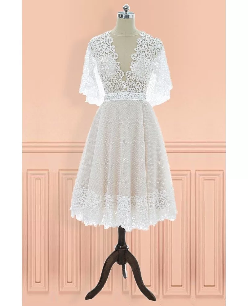 Unique Vintage V-neck Lace Knee Length Wedding Dress with Sleeves # ...