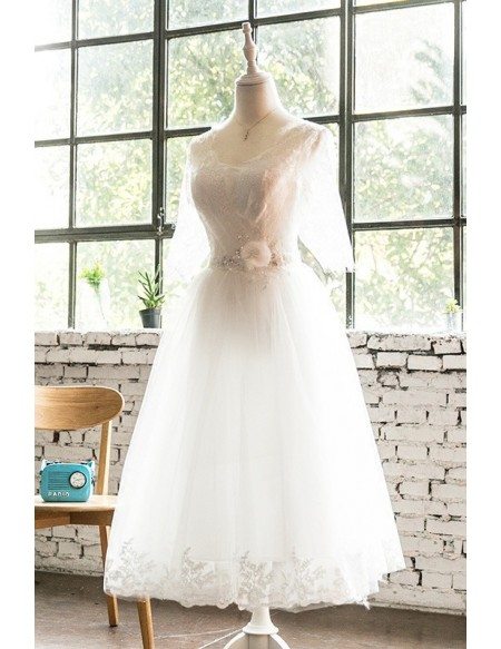 Tea Length Lace Trim Wedding Dress with Lace Up Sheer Sleeves #E9821 ...