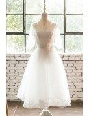 Tea Length Lace Trim Wedding Dress with Lace Up Sheer Sleeves