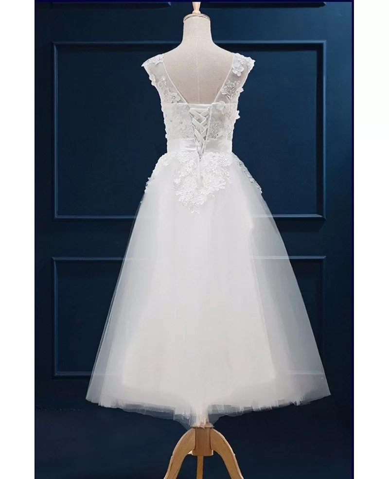 Modest Aline Lace Tea Length Tulle Wedding Dress with Cap