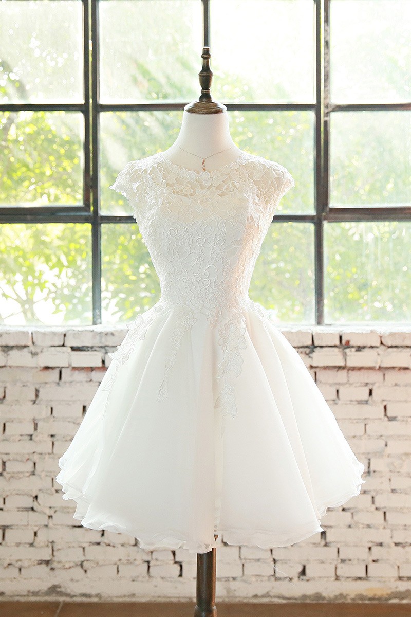 Cute Short Lace Cap Sleeve Short Wedding Dress Lace Tulle #E9816 ...