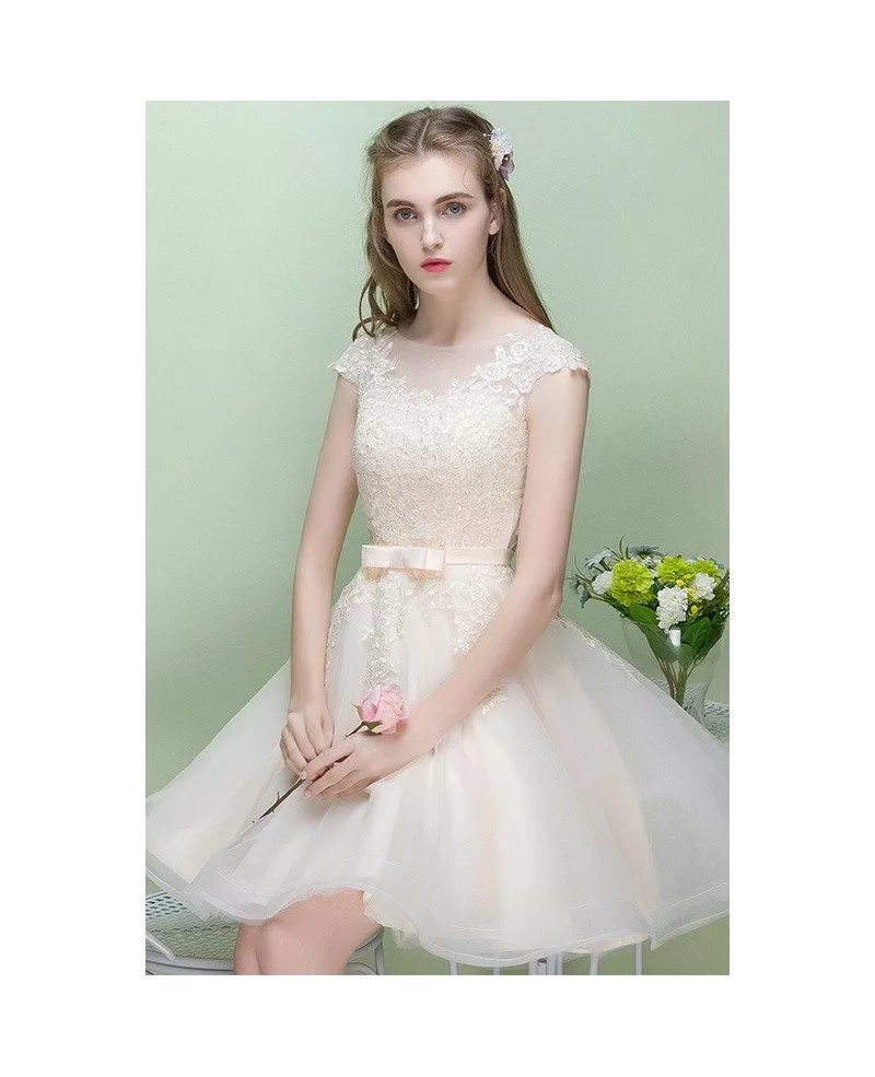 Pretty Champagne Cap Sleeve Short Party Dress Reception Dress with Lace ...