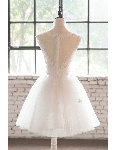 Sequined Sheer Neckline Short Tulle Wedding Party Dress with Lace Sheer Back