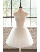 Sequined Sheer Neckline Short Tulle Wedding Party Dress with Lace Sheer Back