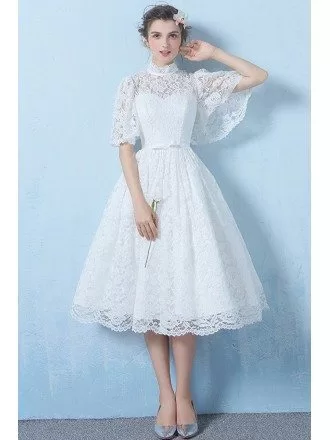 Special Lace High Neck Full Lace Wedding Dress Knee Length with Sleeves