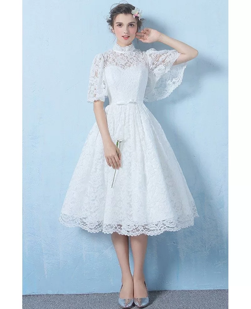 Special Lace High Neck Full Lace Wedding Dress Knee Length with Sleeves