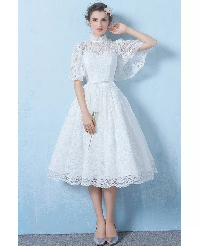 Special Lace High Neck Full Lace Wedding Dress Knee Length With Sleeves E9860 GemGrace