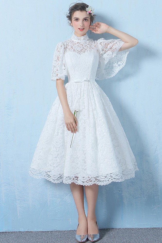 Special Lace High Neck Full Lace Wedding Dress Knee Length with Sleeves ...