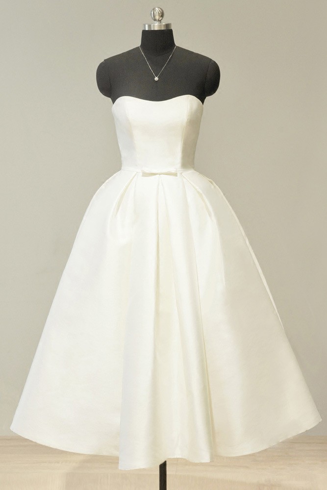 Vintage 70s Ivory Satin Sweetheart Tea Length Wedding Dress For Chic # ...