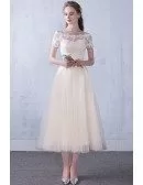 Off Shoulder Sleeve Champagne Tea Length Wedding Party Dress with Lace