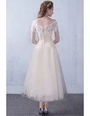Off Shoulder Sleeve Champagne Tea Length Wedding Party Dress with Lace