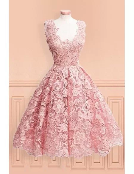 Vintage 70s Pink Lace Sleeveless Tea Length Wedding Dress Party Dress