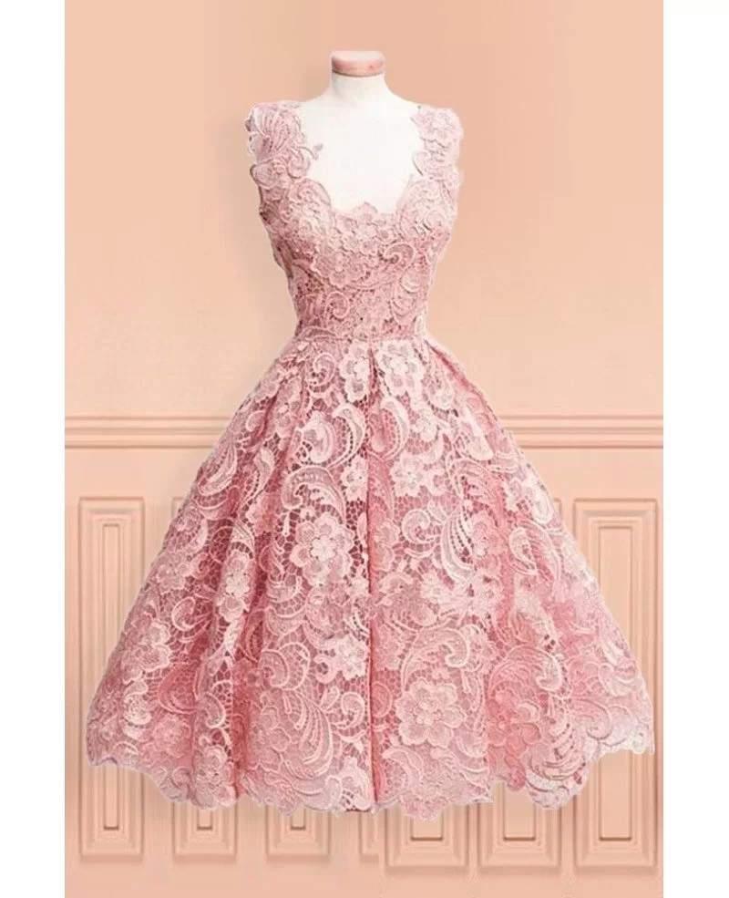 Vintage Pink Tea Length Wedding Dresses