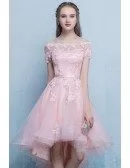 Pink High Low Lace Tulle Homecoming Party Dress with Off Shoulder Sleeves