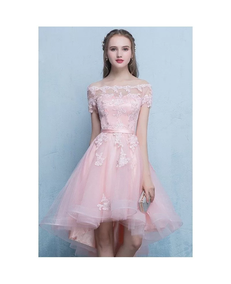 Pink High Low Lace Tulle Homecoming Party Dress with Off Shoulder ...