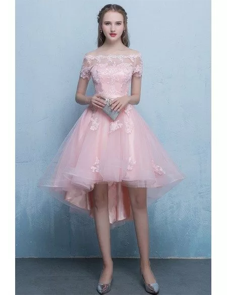 Pink High Low Lace Tulle Homecoming Party Dress with Off Shoulder Sleeves