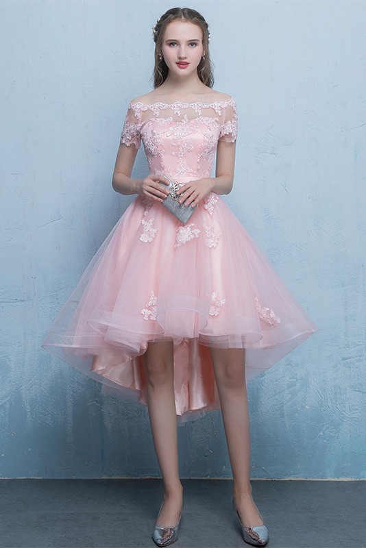 Pink High Low Lace Tulle Homecoming Party Dress with Off Shoulder Sleeves #E9814 - GemGrace.com Pink High Low Lace Tulle Homecoming Party Dress with Off Shoulder Sleeves #E9814 - GemGrace.com