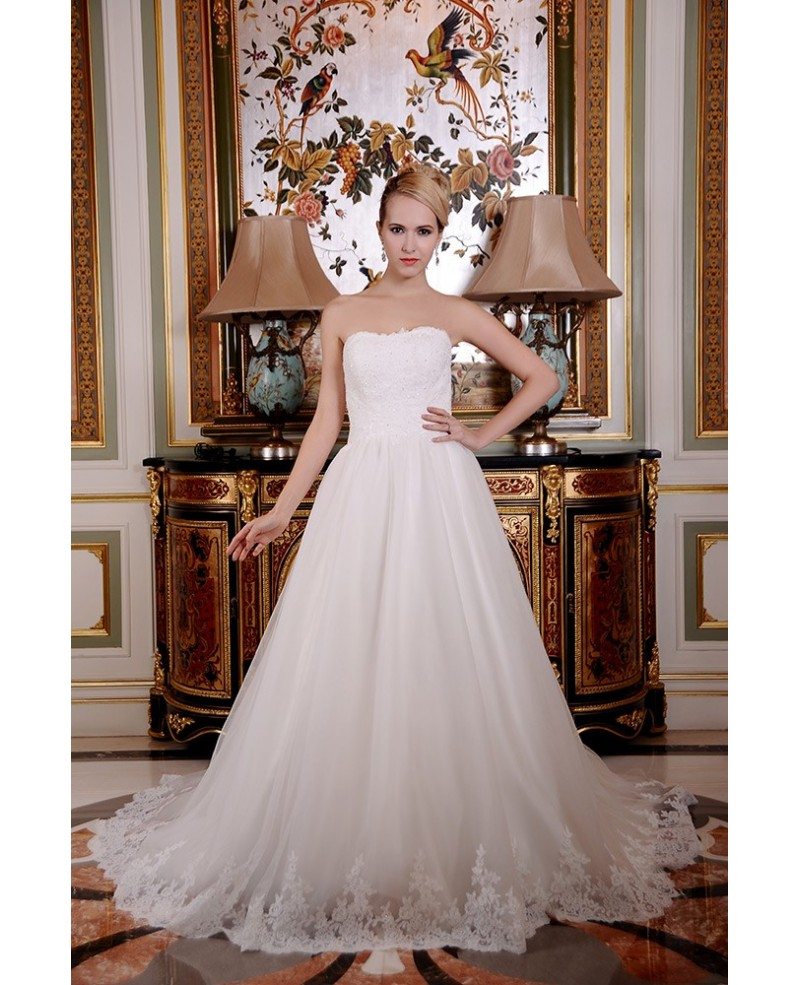 A-Line Strapless Chapel Train Tulle Wedding Dress With Beading ...