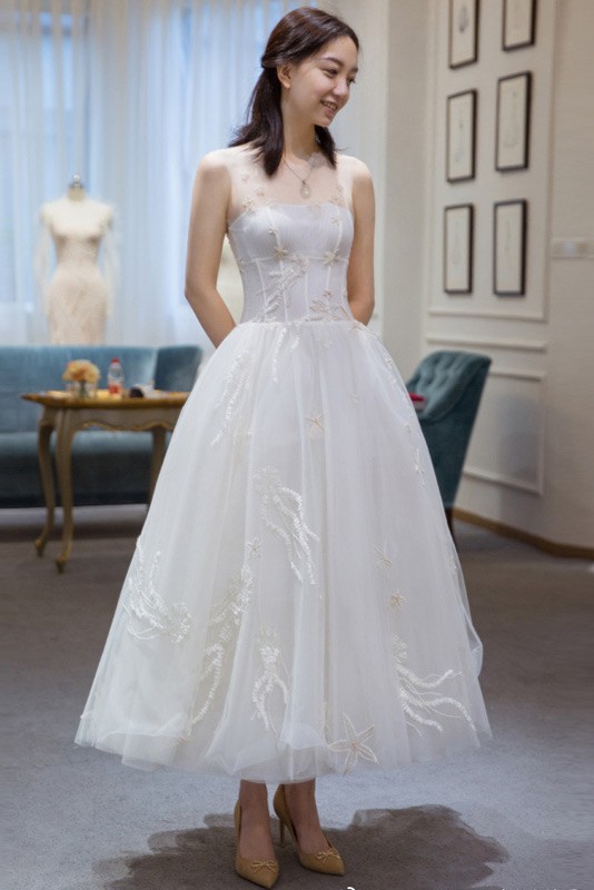 Unique Beaded Lace Sheer Neckline Reception Dress Tea Length